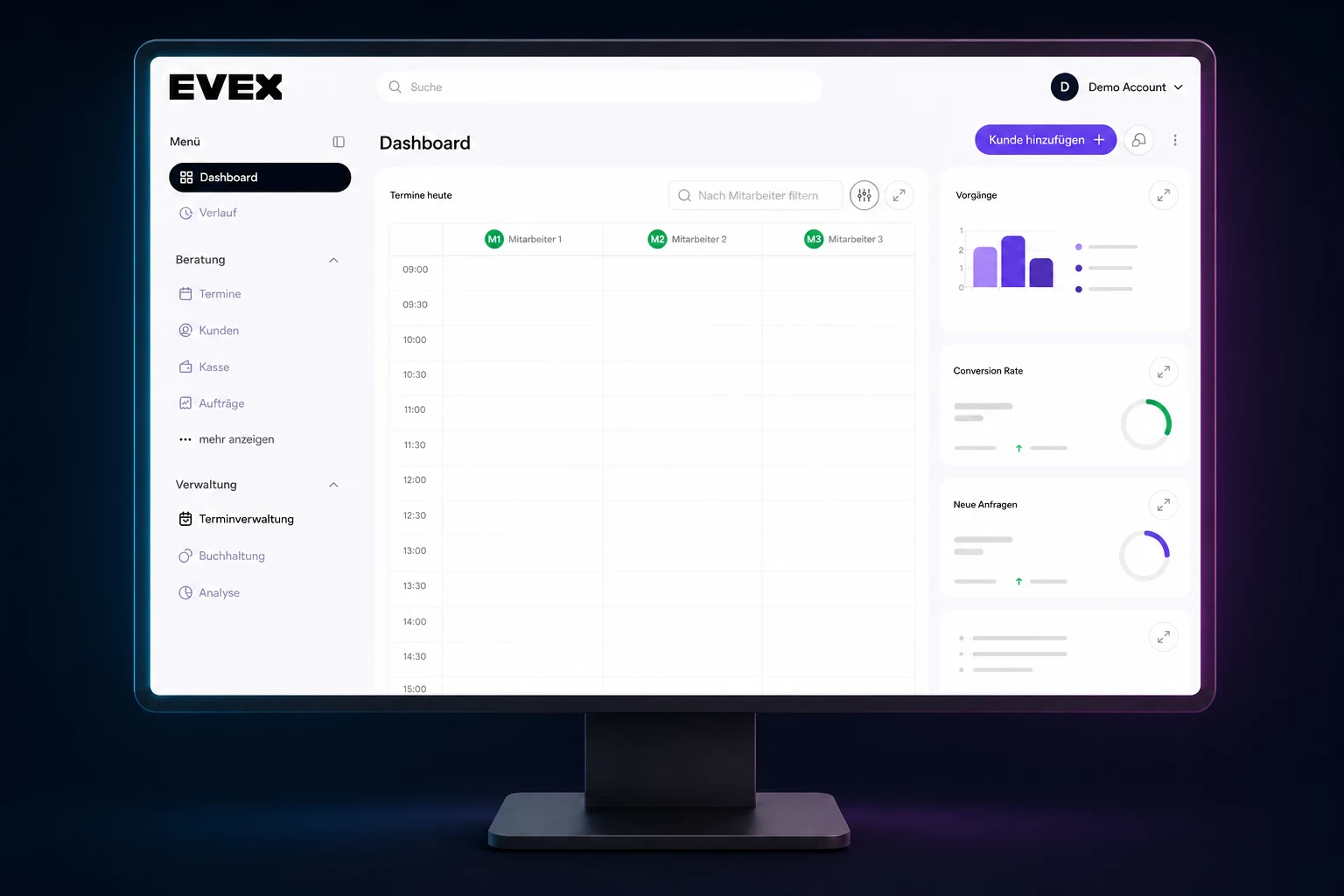 EVEX PMS-Dashboard auf einem modernen Monitor